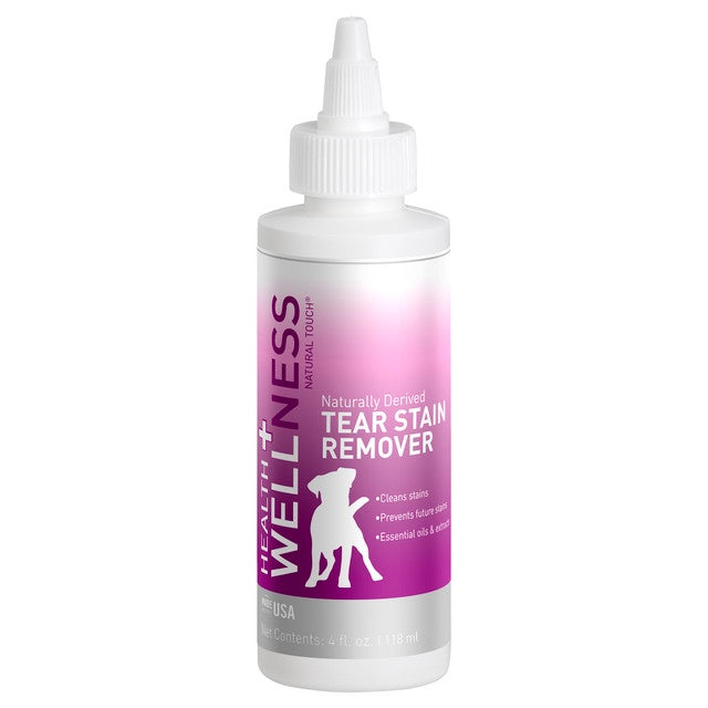 A four-ounce bottle of Health and Wellness tear stain remover with a white applicator cap.