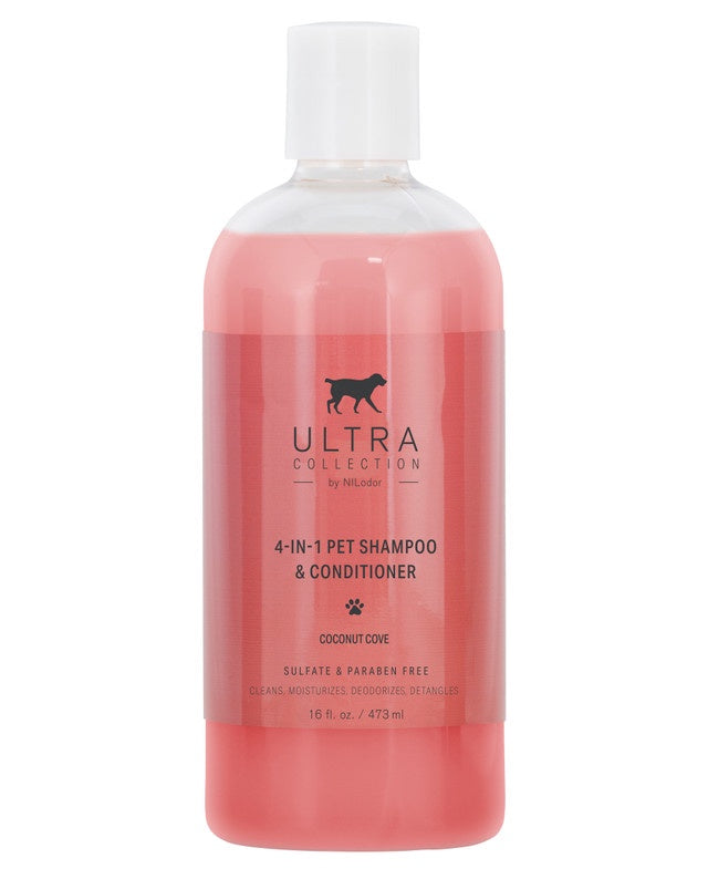 A 16-ounce bottle of pink Ultra Collection 4-in-1 pet shampoo and conditioner.