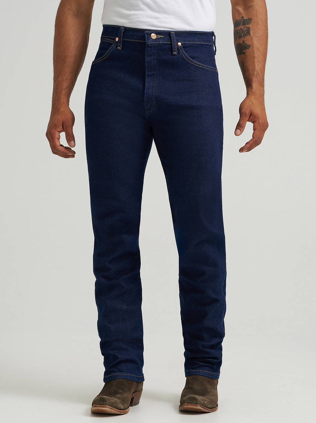Wrangler Cowboy Cut Original Fit Active Flex jeans in Prewashed Indigo, front view on a model.