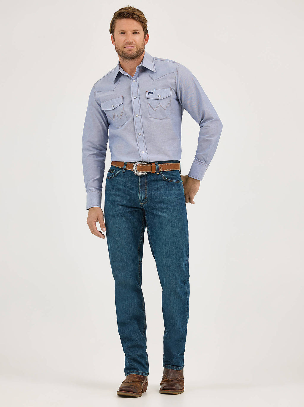Wrangler Men's 20X No. 01 Relaxed Fit Jeans in River Wash, full-length front view
