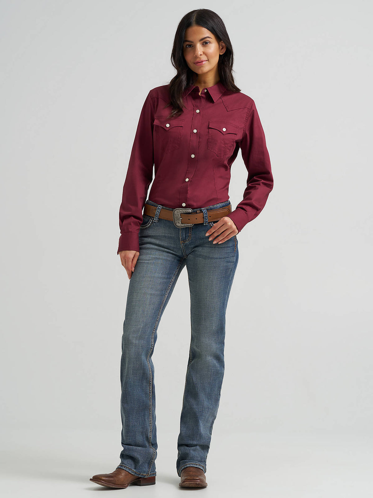Wrangler Women's Retro Sadie Low-Rise Bootcut Jeans in DW Wash, full-length front view