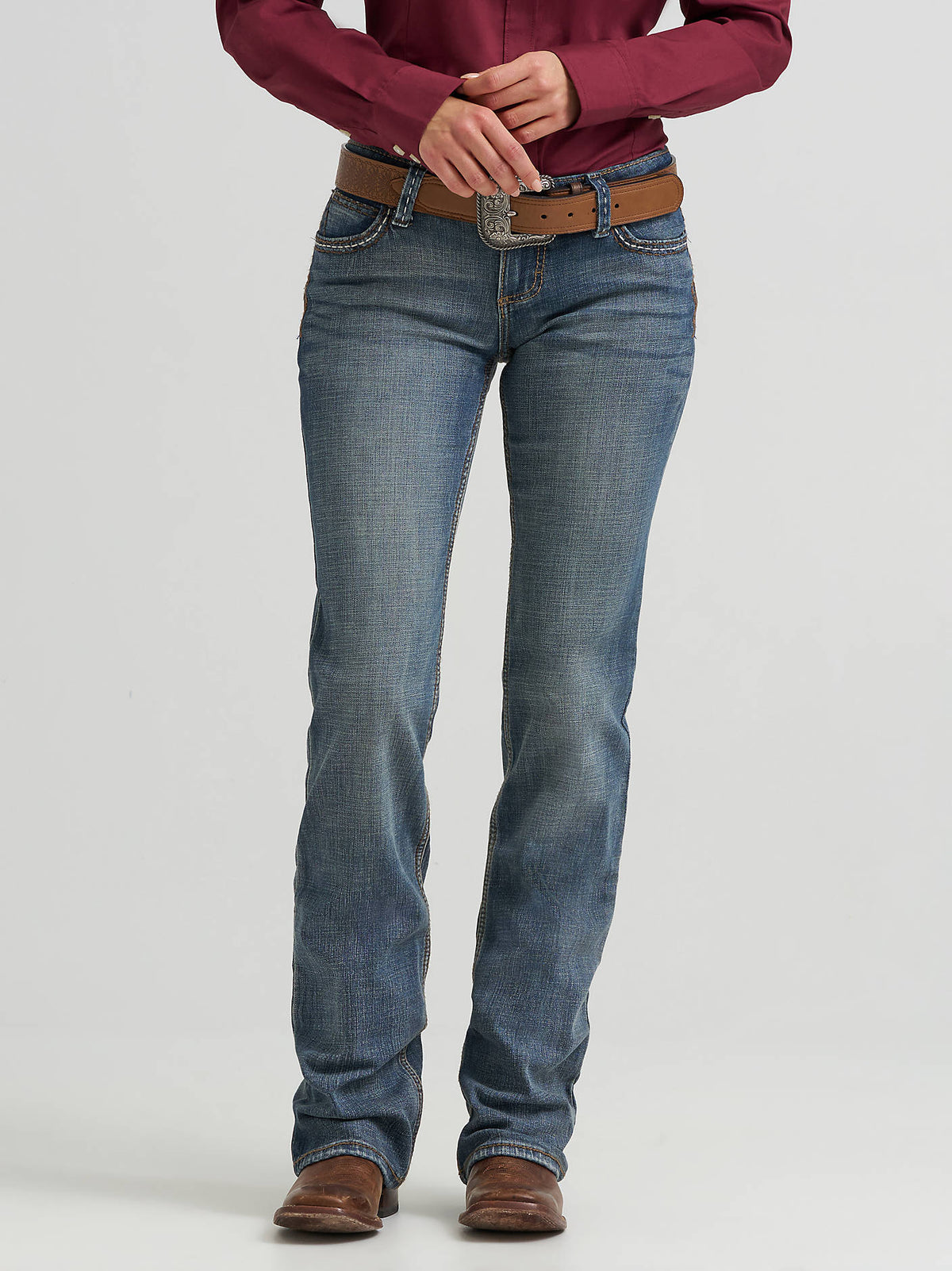 Wrangler Women's Retro Sadie Low-Rise Bootcut Jeans in DW Wash, front detail