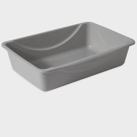 A grey, open-top rectangular cat litter pan with low, rimmed sides.