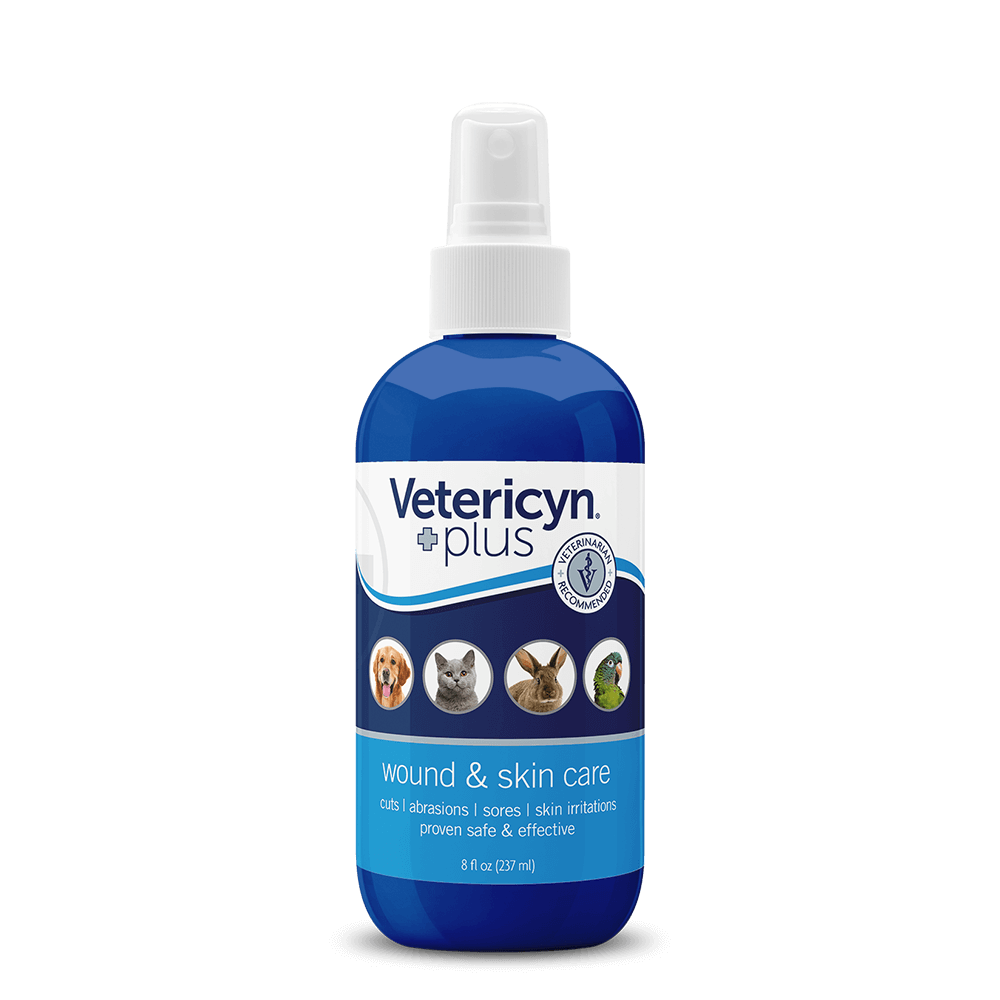 An eight-ounce spray bottle of Vetericyn Plus wound and skin care for animals.