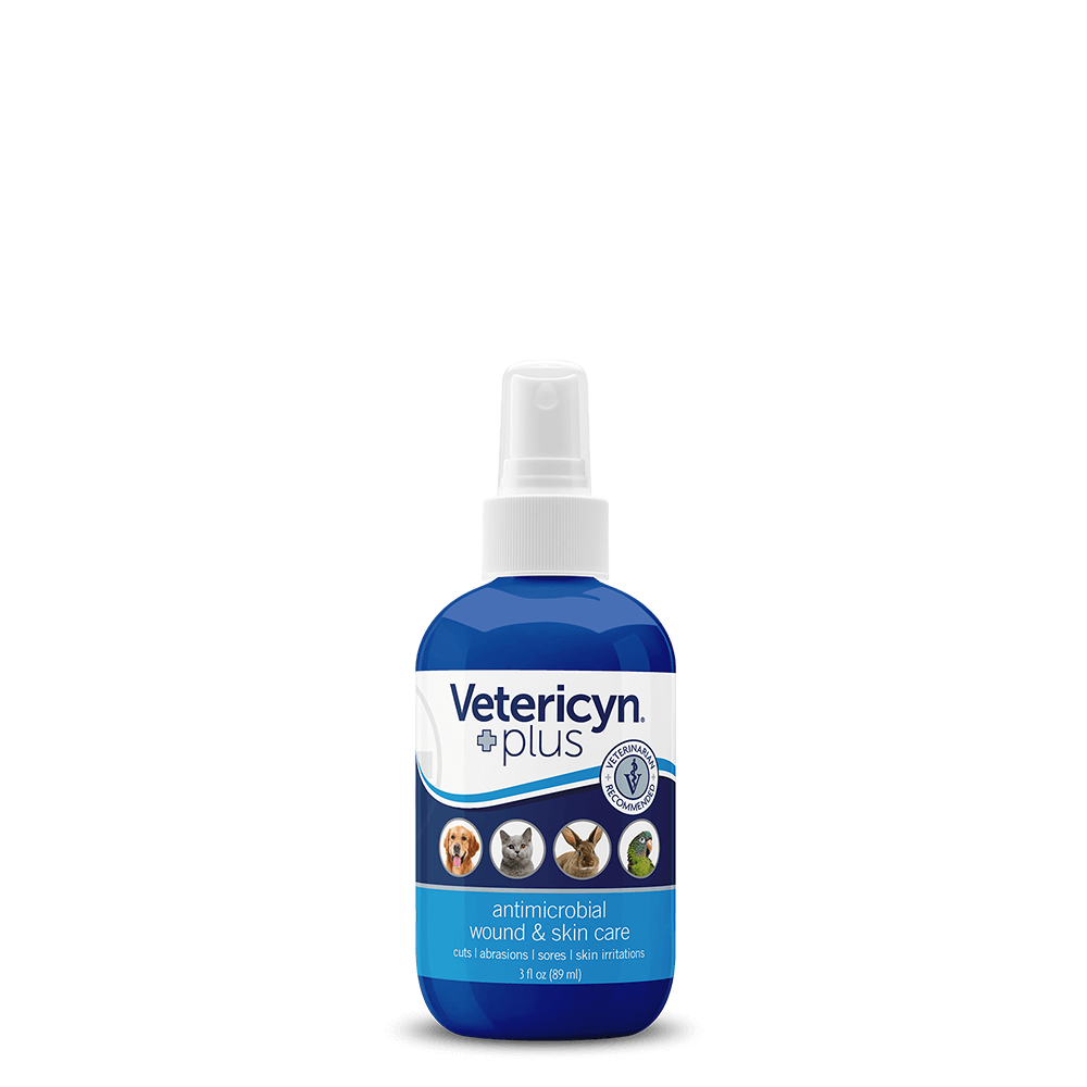 A 3 fluid ounce spray bottle of Vetericyn Plus antimicrobial wound and skin care for pets.