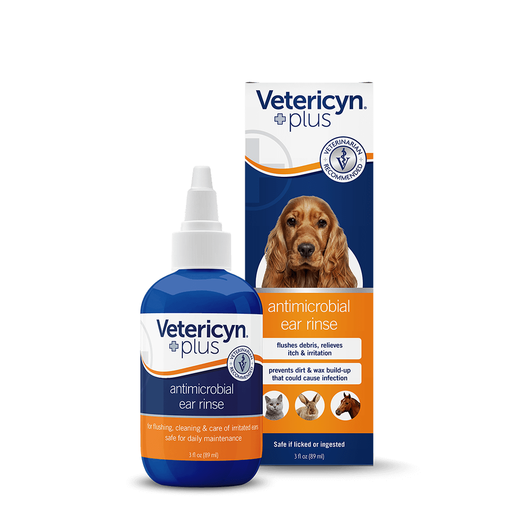 A bottle and box of Vetericyn Plus antimicrobial ear rinse for animals.