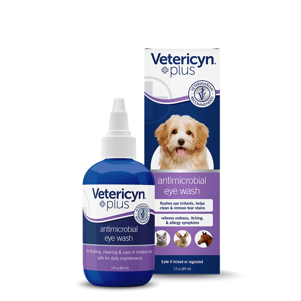 A bottle and box of Vetericyn Plus antimicrobial eye wash for pets.