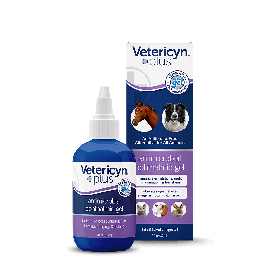 A bottle and box of Vetericyn Plus antimicrobial ophthalmic gel for animals.