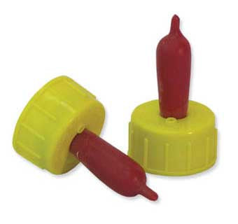 Two red rubber teats attached to yellow screw-on caps for feeding lambs and goats.
