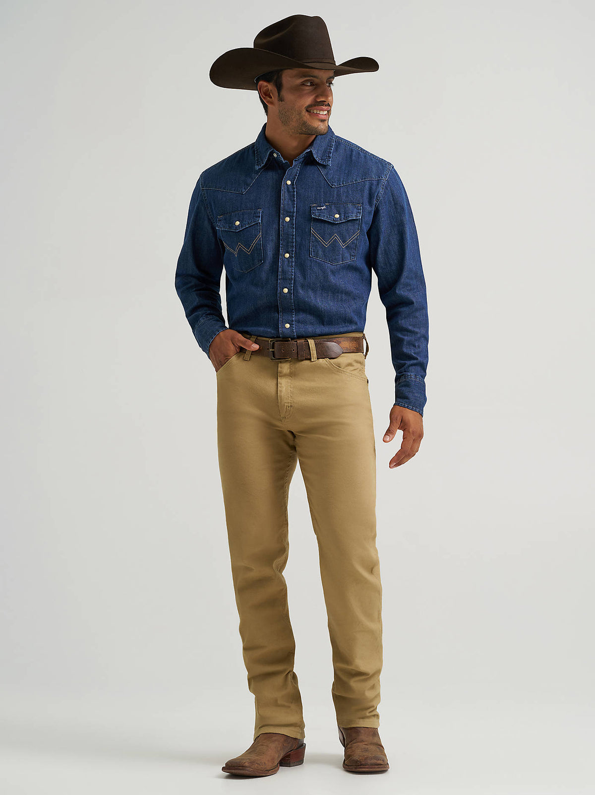 Wrangler Men's Tough Comfort 47 Regular Fit Canvas Pants in Kelp, full-length front view