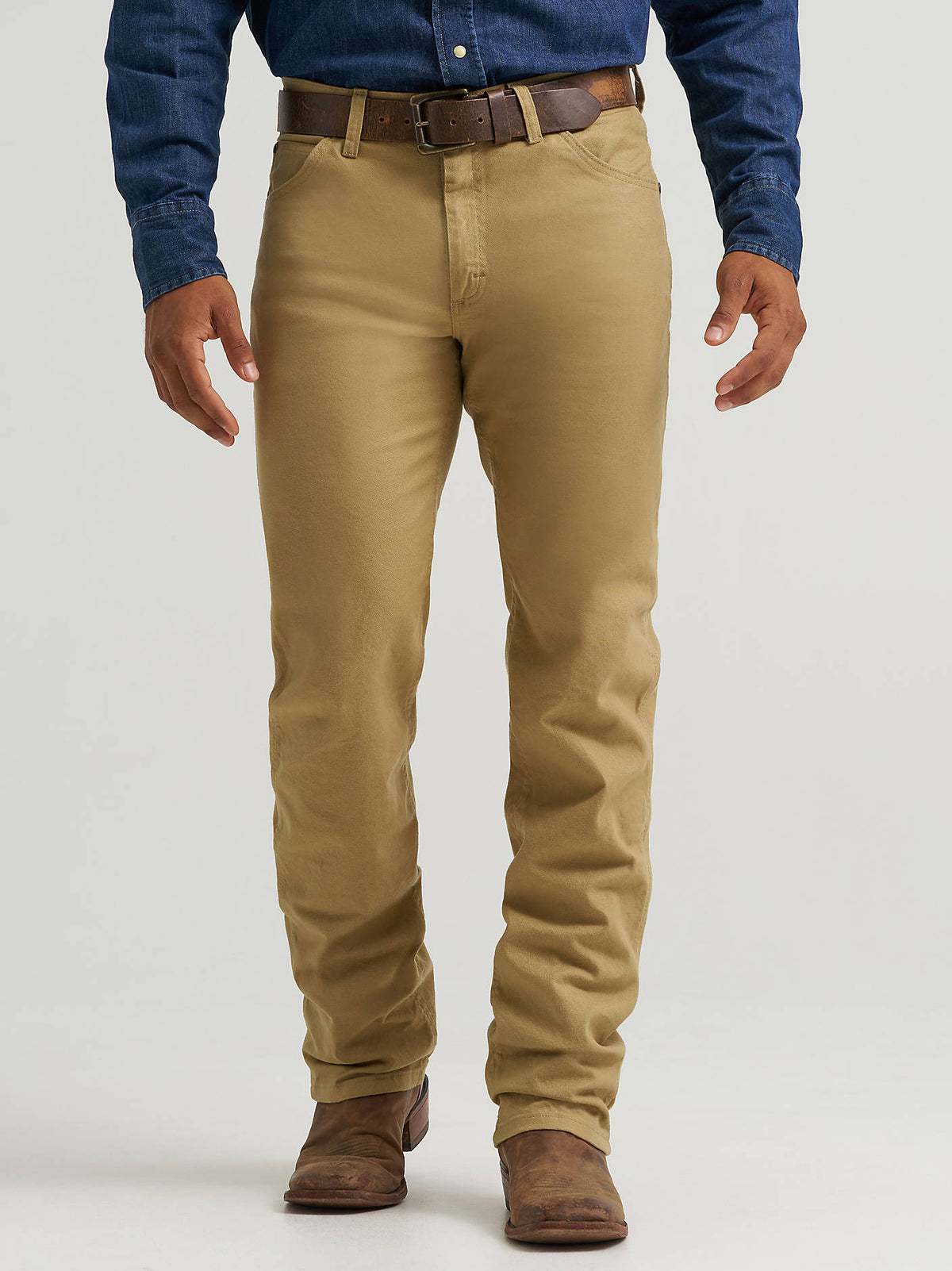 Wrangler Men's Tough Comfort 47 Regular Fit Canvas Pants in Kelp, front detail