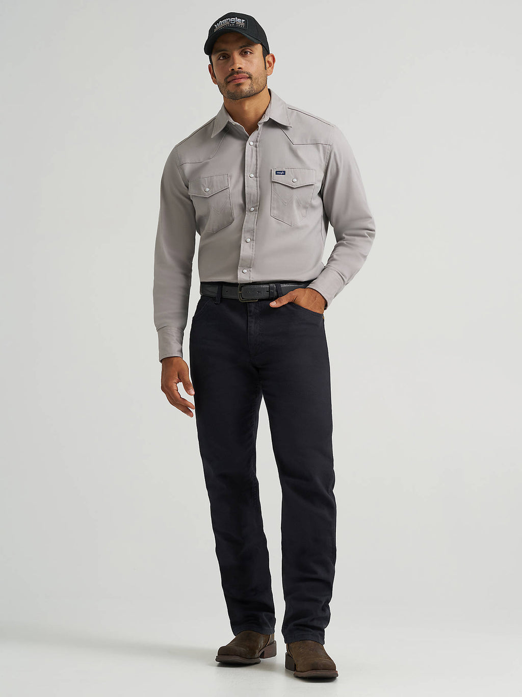 Wrangler Men's Tough Comfort 47 Regular Fit Canvas Pants in Black (Caviar), full-length front view