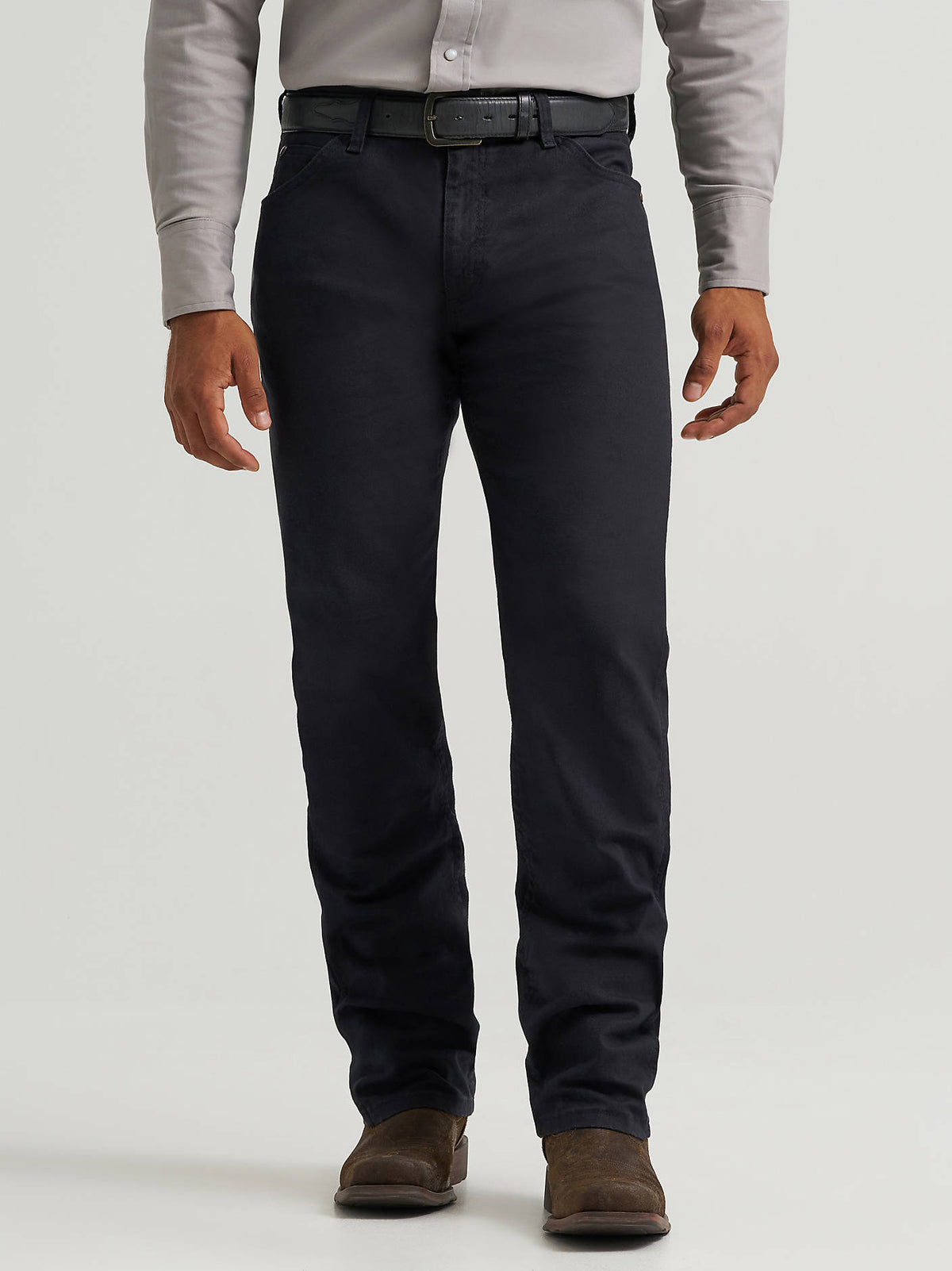 Wrangler Men's Tough Comfort 47 Regular Fit Canvas Pants in Black (Caviar), front detail