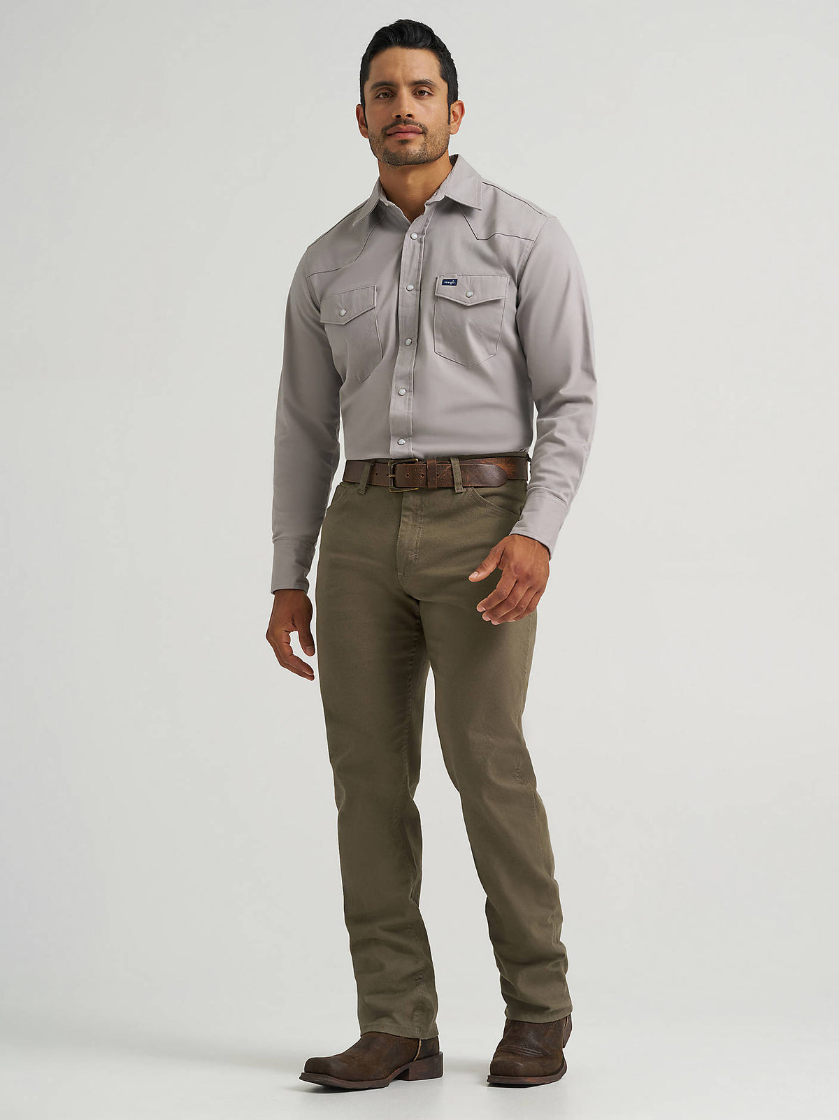 Wrangler Men's Tough Comfort 47 Regular Fit Canvas Pants in Sea Turtle, full-length front view