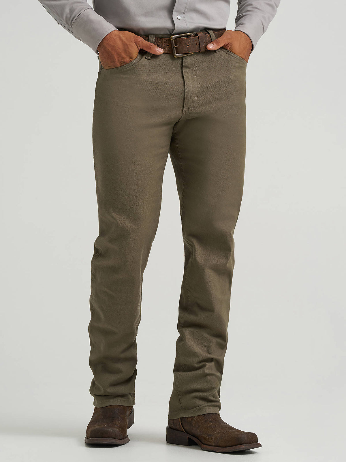 Wrangler Men's Tough Comfort 47 Regular Fit Canvas Pants in Sea Turtle, front detail