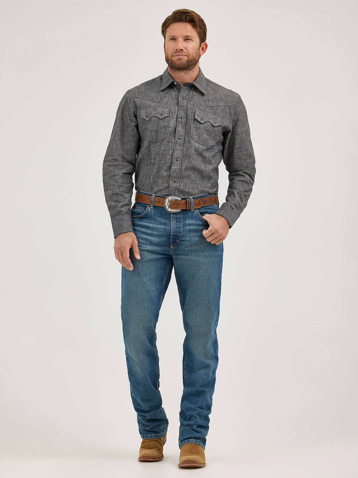 Wrangler Men's Cody Johnson Relaxed Fit Jeans in Blue Stone, studio front view