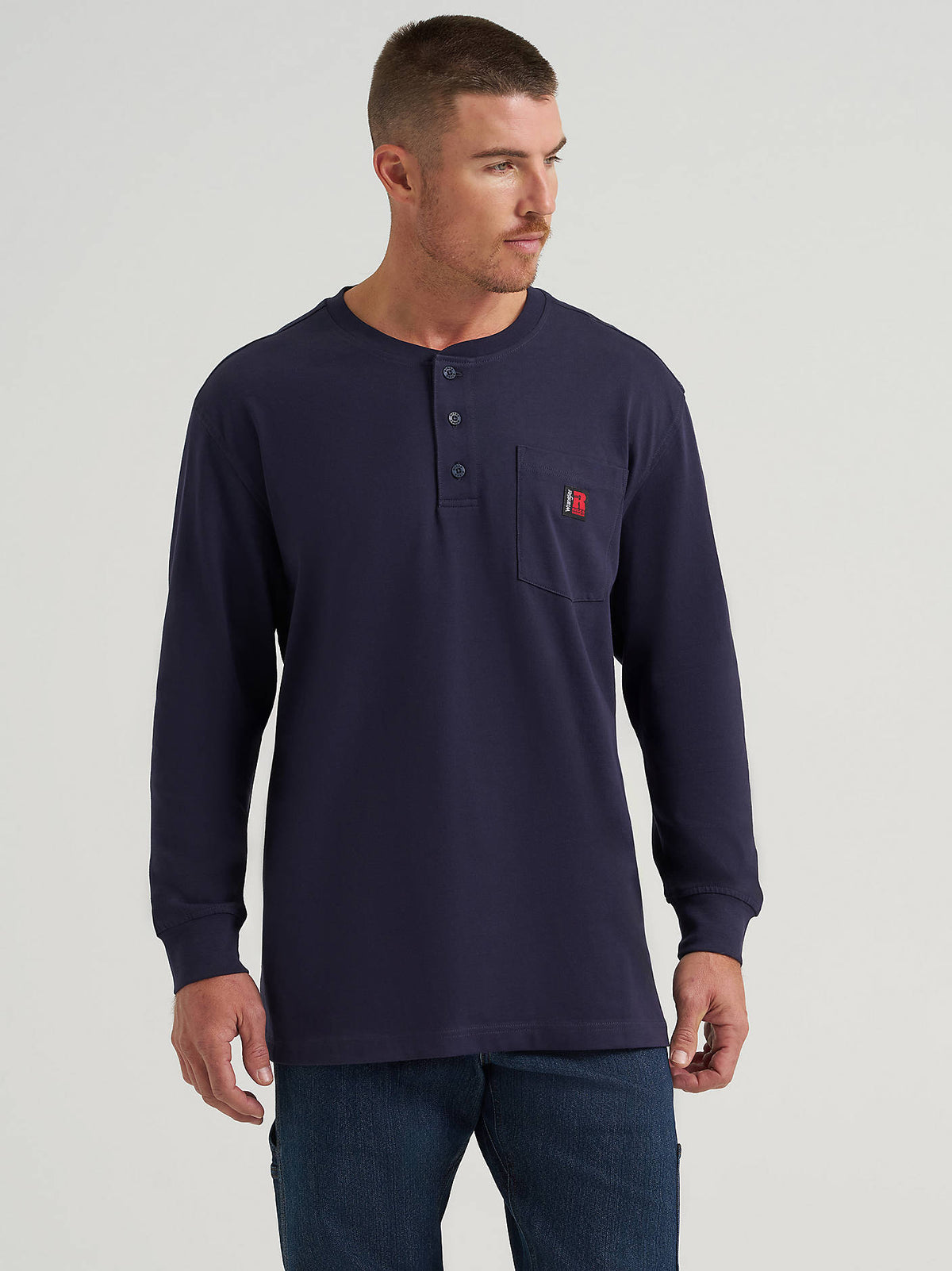 Wrangler Men's RIGGS Workwear Long-Sleeve Henley in Navy, front view showing chest pocket