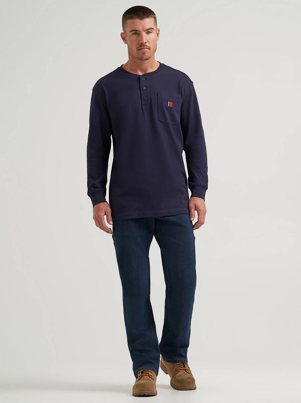 Wrangler Men's RIGGS Workwear Long-Sleeve Henley in Navy, full-length front view