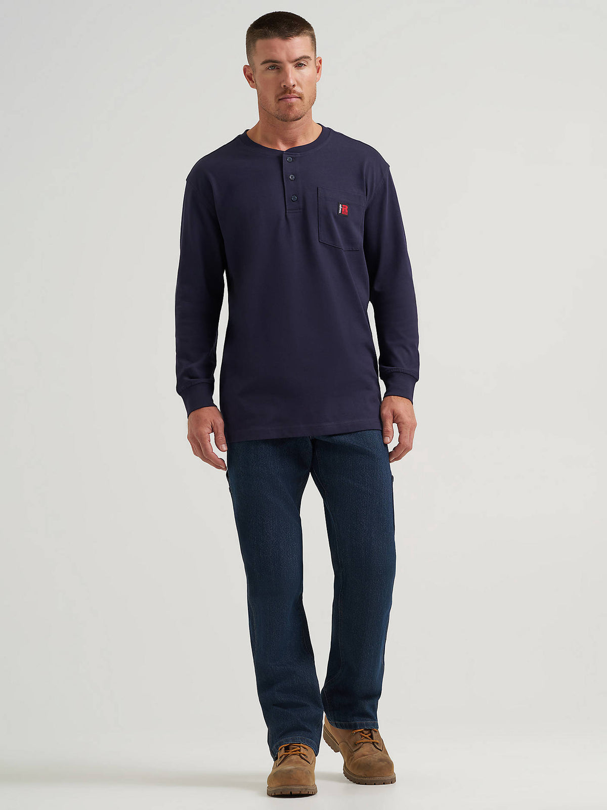 Wrangler Men's RIGGS Workwear Long-Sleeve Henley in Navy, full-length front view