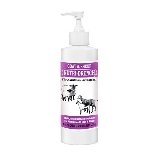 An eight-ounce pump bottle of Goat and Sheep Nutri-Drench nutritional supplement.