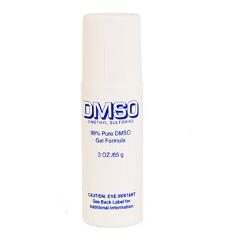 A white roll-on bottle of 99 percent pure DMSO gel formula in a 3 ounce size.