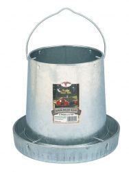 A galvanized steel hanging poultry feeder with a circular base and a wire handle.