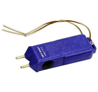 A blue handheld Hot-Shot Power-Mite livestock prod with two metal prongs and attached wires.