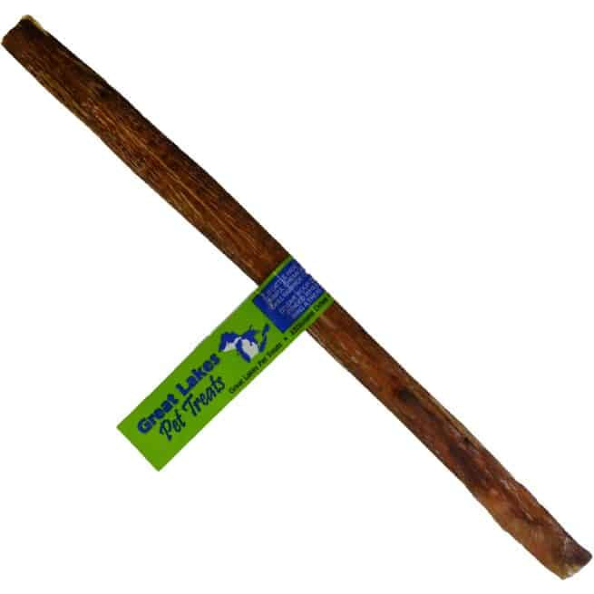 A single 10 to 12 inch brown bully stick with a Great Lakes Pet Treats label attached.