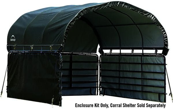 A black polyethylene enclosure kit attached to a corral shelter frame.