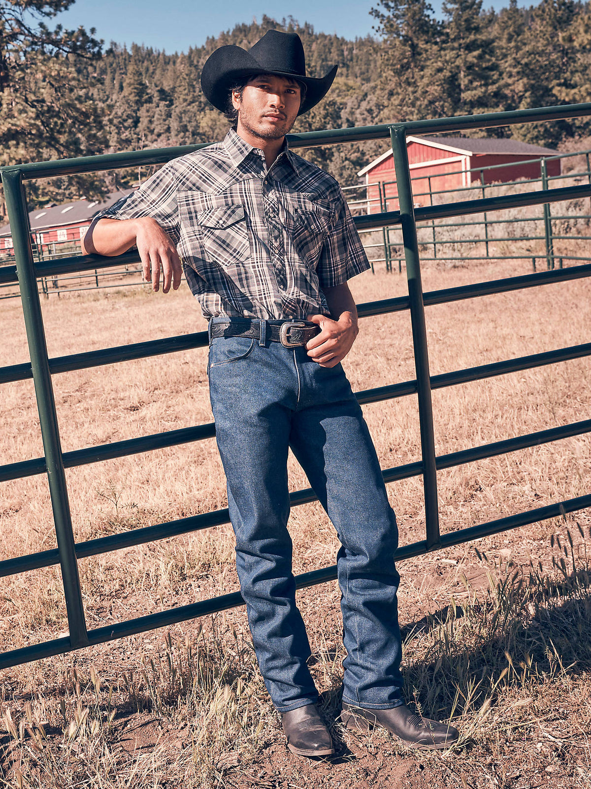 Wrangler Men's 13MWZ Cowboy Cut Original Fit Jeans - Rigid Indigo, outdoor view