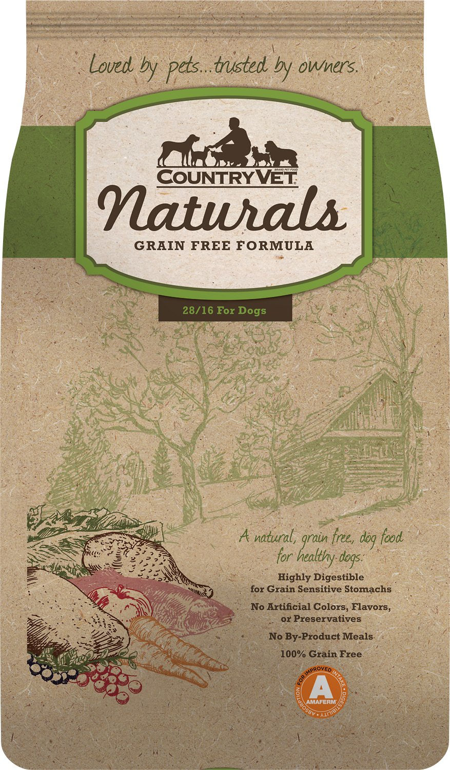 A bag of Country Vet Naturals grain-free dog food with a rustic illustration.
