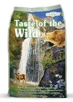 A bag of Taste of the Wild Rocky Mountain feline formula featuring a deer and a mountain lion.