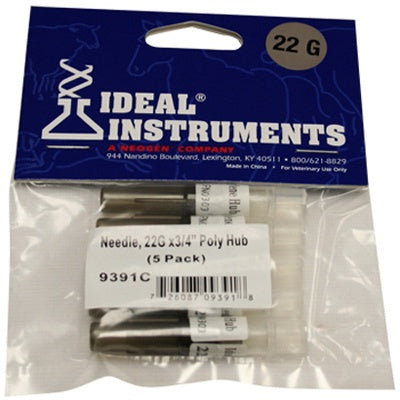 A five-pack of 22 gauge by 3/4 inch veterinary needles with poly hubs in a plastic bag.