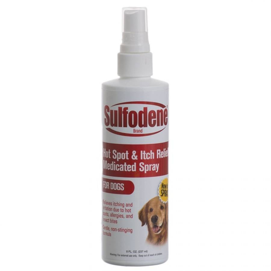 An 8-ounce bottle of Farnam Sulfodene medicated spray for dogs with a white pump dispenser.