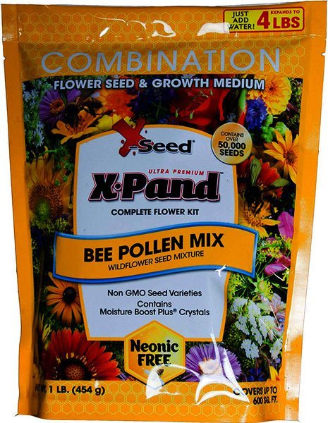 A one-pound bag of X-Pand Bee Pollen Mix wildflower seeds with growth medium.