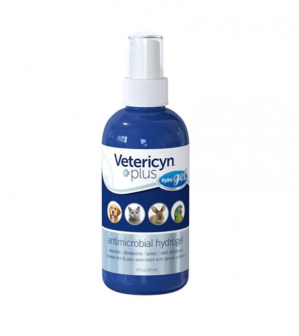 An eight-ounce spray bottle of Vetericyn Plus antimicrobial hydrogel for pets.