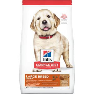A bag of Hill's Science Diet Large Breed Puppy dry dog food with lamb meal and brown rice.