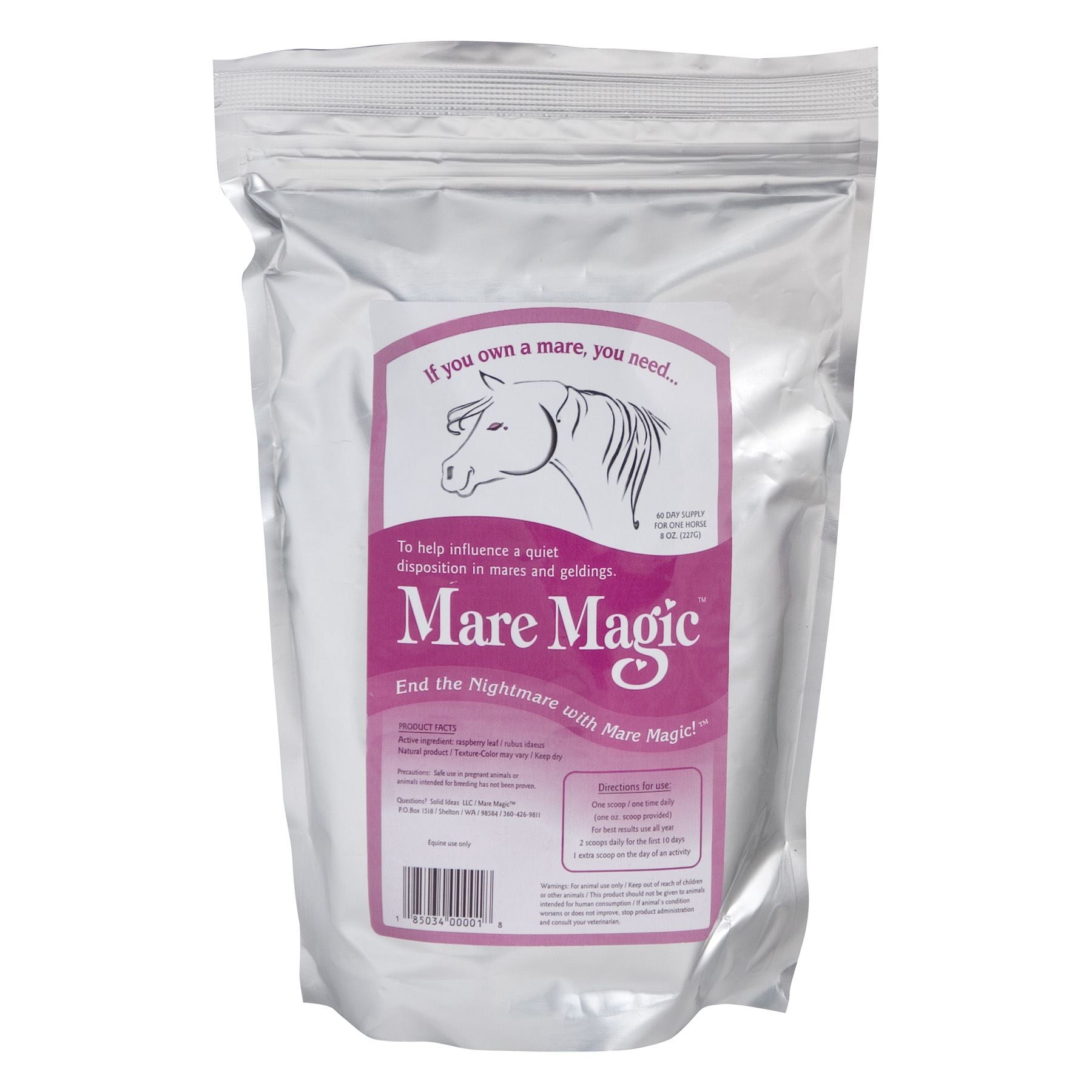 An eight-ounce silver pouch of Mare Magic herbal calming supplement for horses.