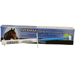 A tube of Ivermax equine paste dewormer resting in front of its product box.