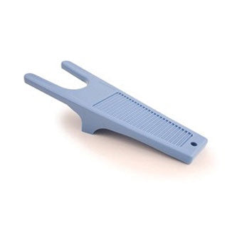 A light blue plastic boot jack with a textured grip and a U-shaped heel pull.