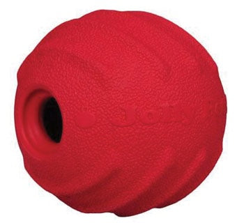 A red, three-inch rubber dog toy with a textured surface and a hollow center for treats.
