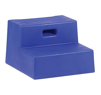 A blue two-step mounting block with a built-in handle for easy lifting.