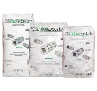 Three bags of White Lake Food Grade Diatomaceous Earth in 50 lb, 30 lb, and 12 lb sizes.