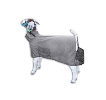 A grey mesh goat blanket with a neck zipper and tail cutout worn by a goat.