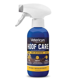 An 8 fluid ounce spray bottle of Vetericyn Hoof Care for treating equine hoof conditions.