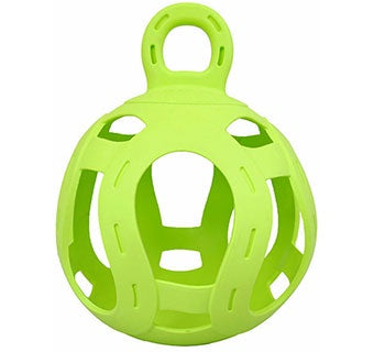 A lime green, eight-inch spherical hay feeder with a top handle for hanging.