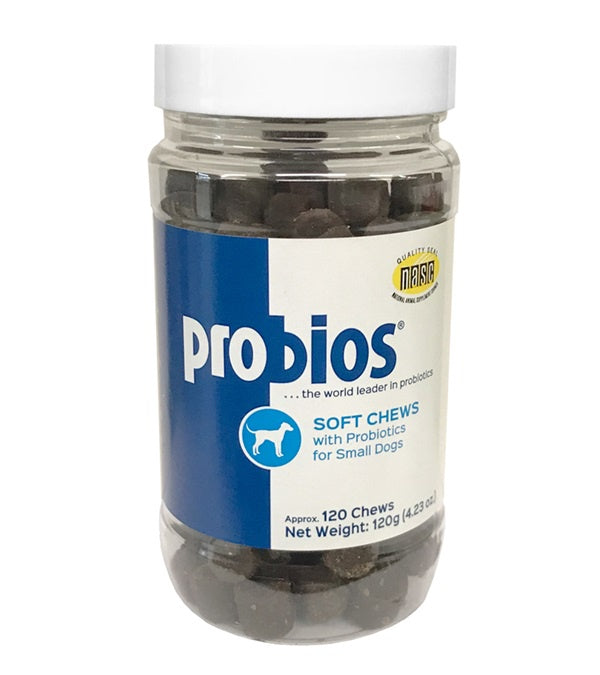 A clear plastic jar of Probios soft chews for small dogs with a white lid.