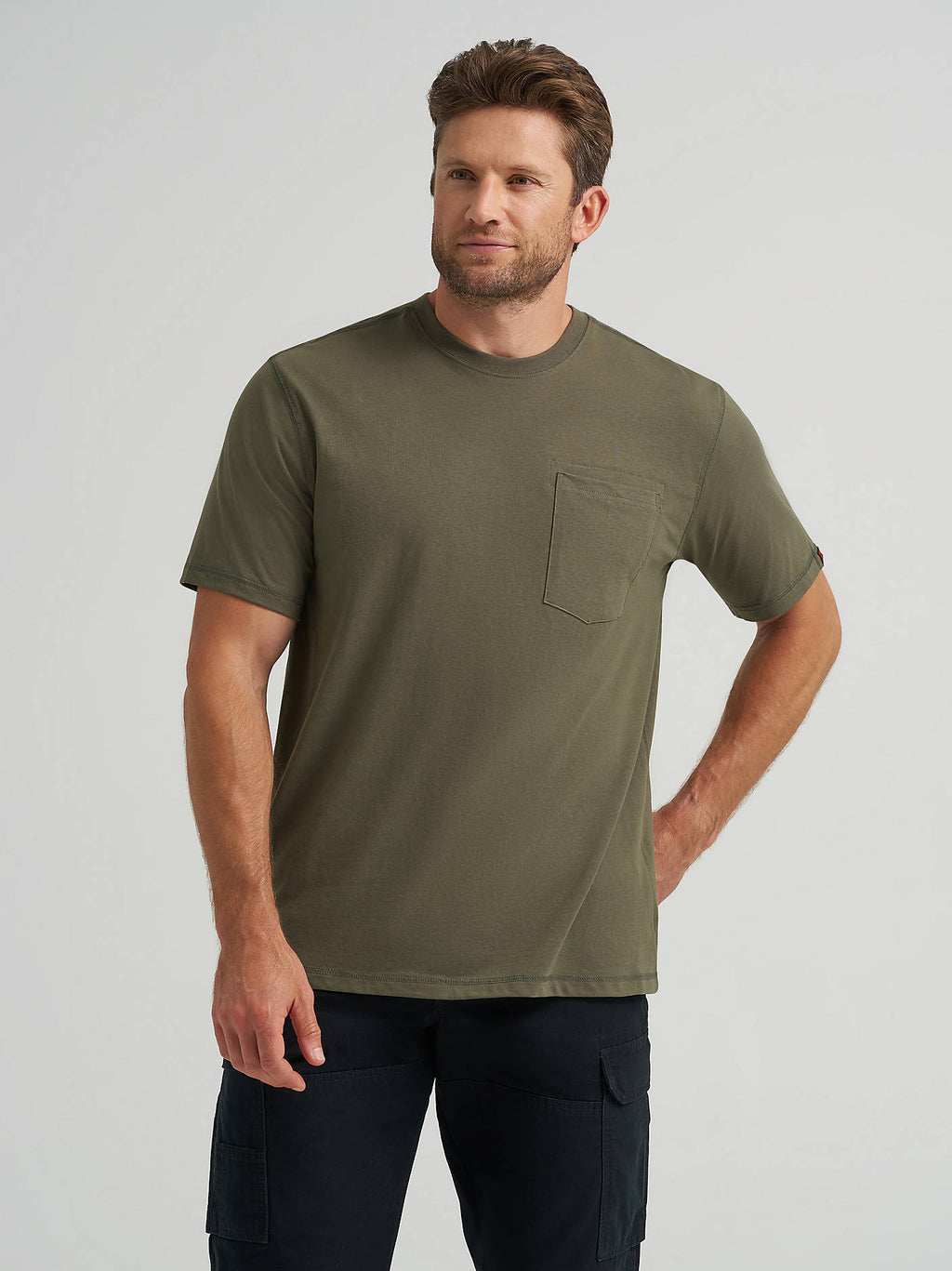 Wrangler Men's RIGGS Workwear Pocket Performance T-Shirt in Hazel Green, front view showing chest pocket