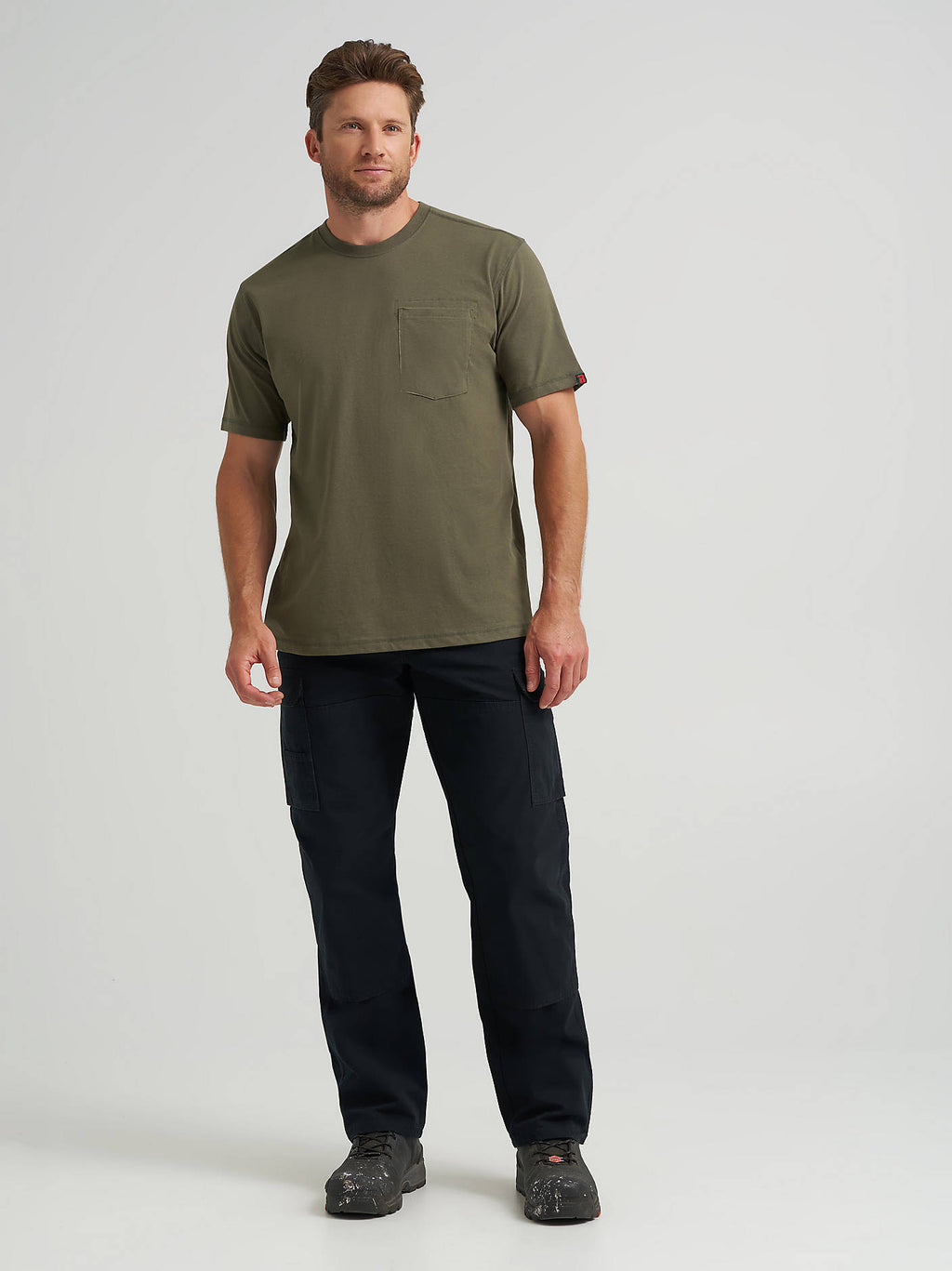 Wrangler Men's RIGGS Workwear Pocket Performance T-Shirt in Hazel Green, full-length front view