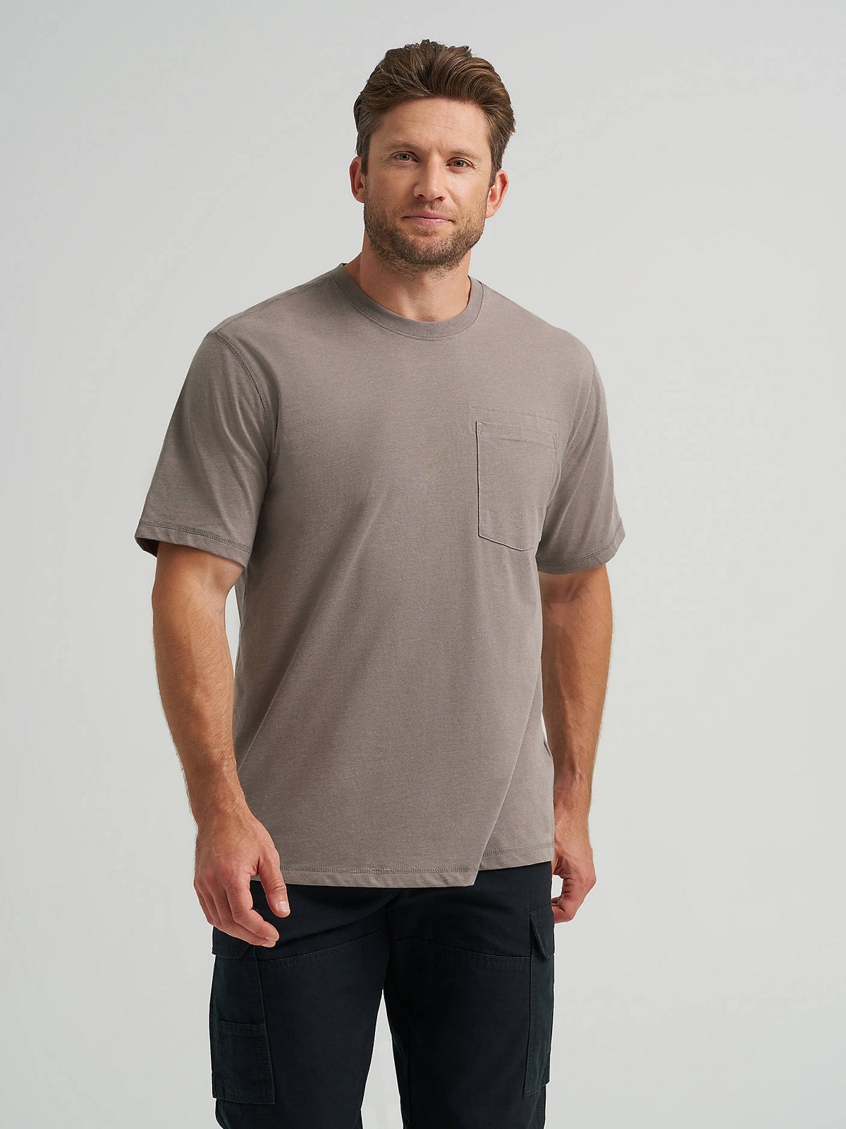 Wrangler Men's RIGGS Workwear Pocket Performance T-Shirt in Nickel, front view showing chest pocket